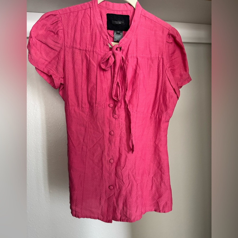 Anthropologie sanctuary button up tie neck blouse pink cotton silk blend